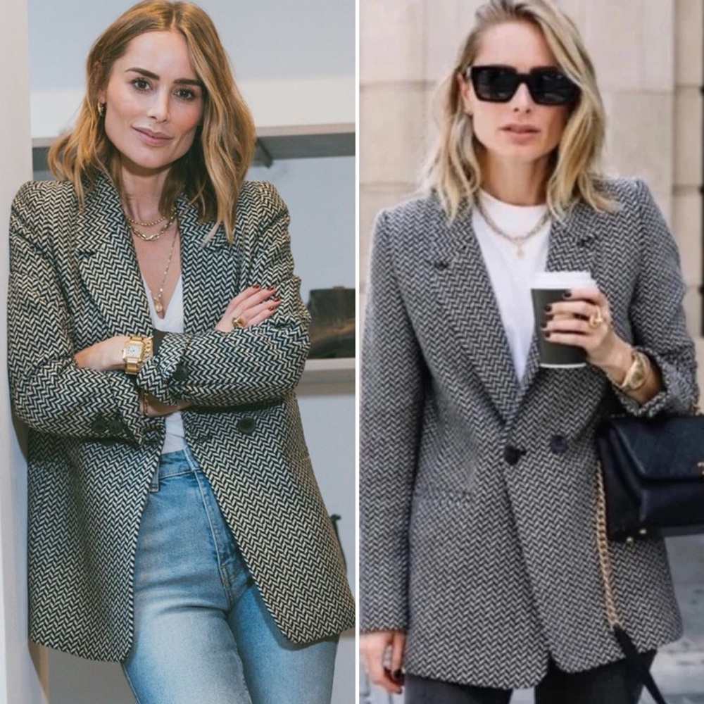 Anine Bing Fishbone Herringbone Blazer L Oversized Wool Blend Double Breasted - Picture 4 of 16